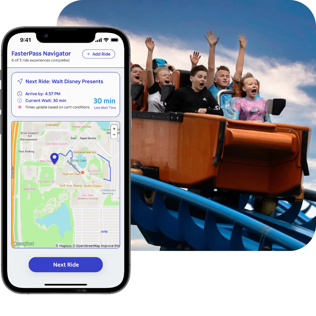 FasterPass Navigator app showing ride recommendations, live wait times, and interactive theme park map with excited families enjoying roller coaster rides